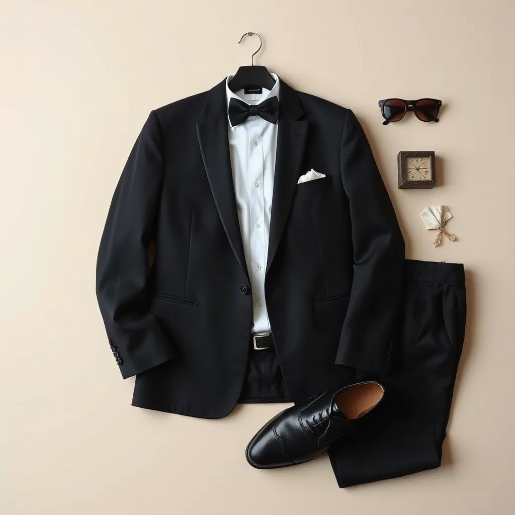 Tailored black tuxedo with white shirt, bow tie, pocket square, and polished black dress shoes on a neutral background