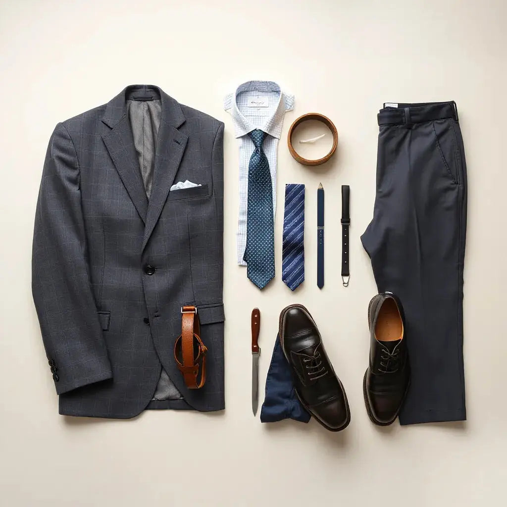 Neatly arranged men’s suit jacket, dress shirt, tie, belt, and polished dress shoes on a light background