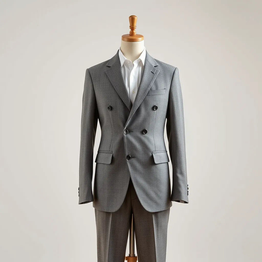 Tailored double-breasted suit jacket and trousers on a mannequin with visible lapels and buttons