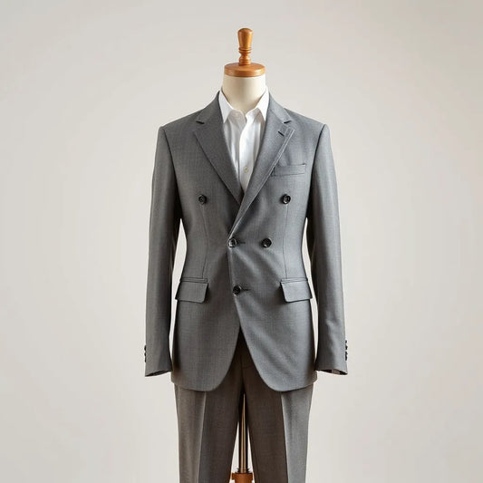 Tailored double-breasted suit jacket and trousers on a mannequin with visible lapels and buttons