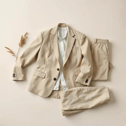 Tailored breathable linen blazer and matching trousers on a minimalist light background
