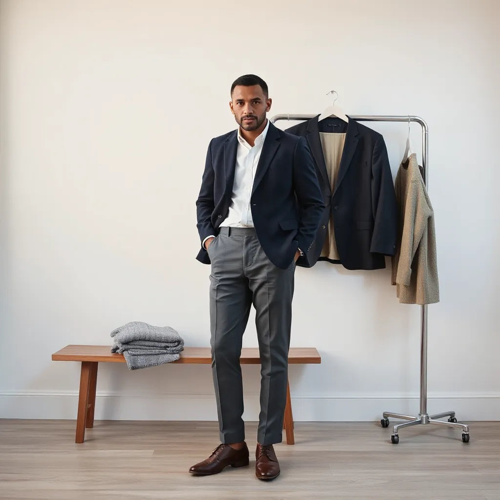Man styling a modern blazer and tailored trousers in a clean, bright wardrobe setting