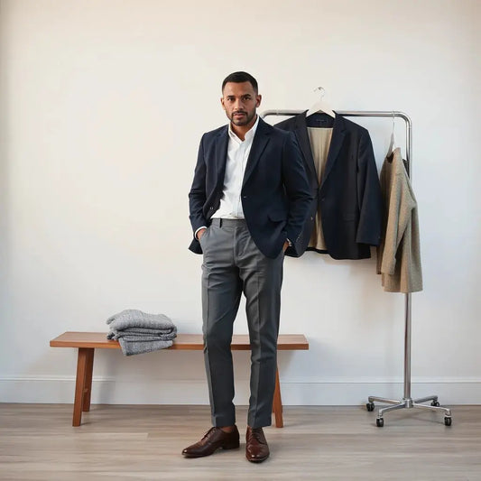 Man styling a modern blazer and tailored trousers in a clean, bright wardrobe setting