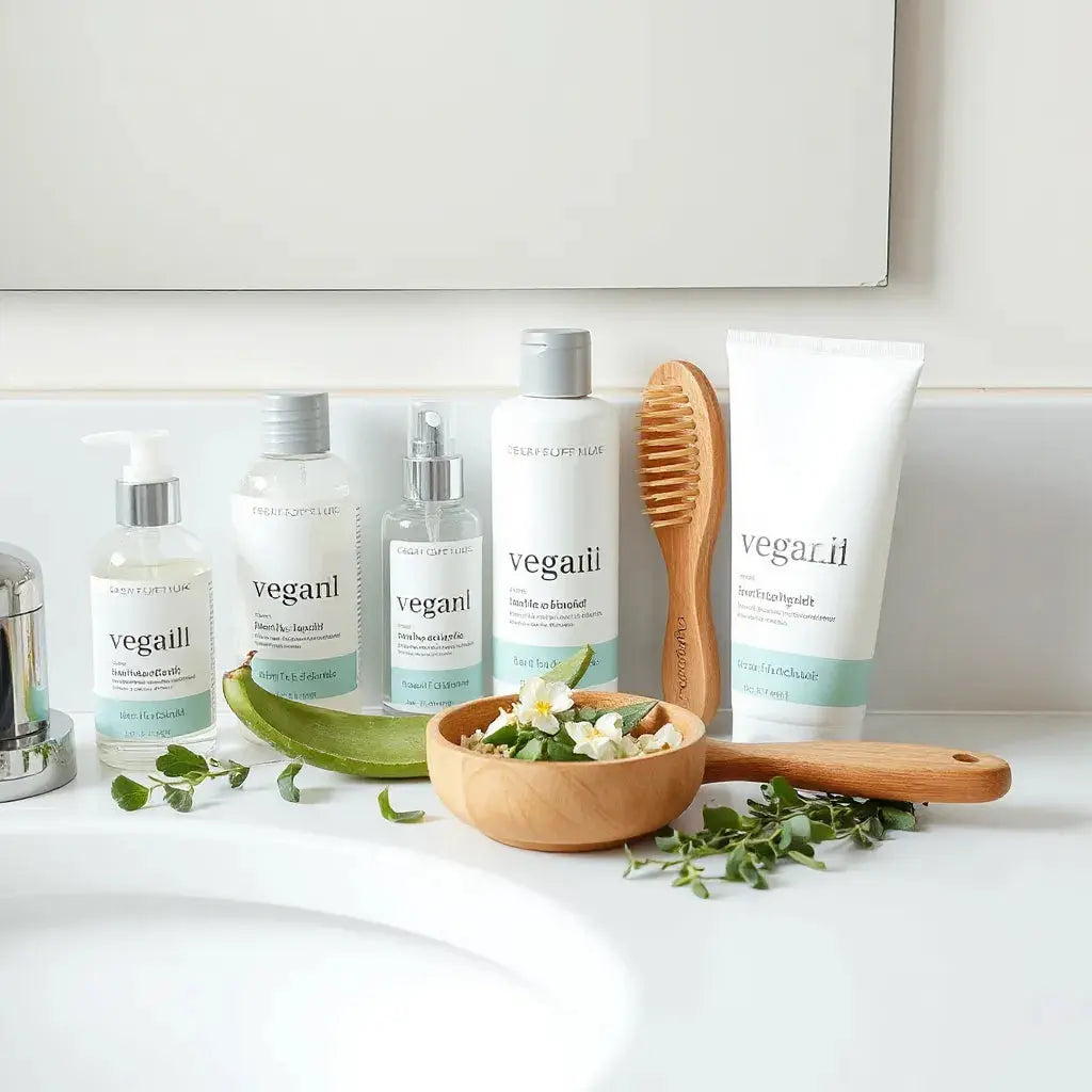 Plant-based vegan hair care products, hair brush, and fresh greenery on a tidy vanity