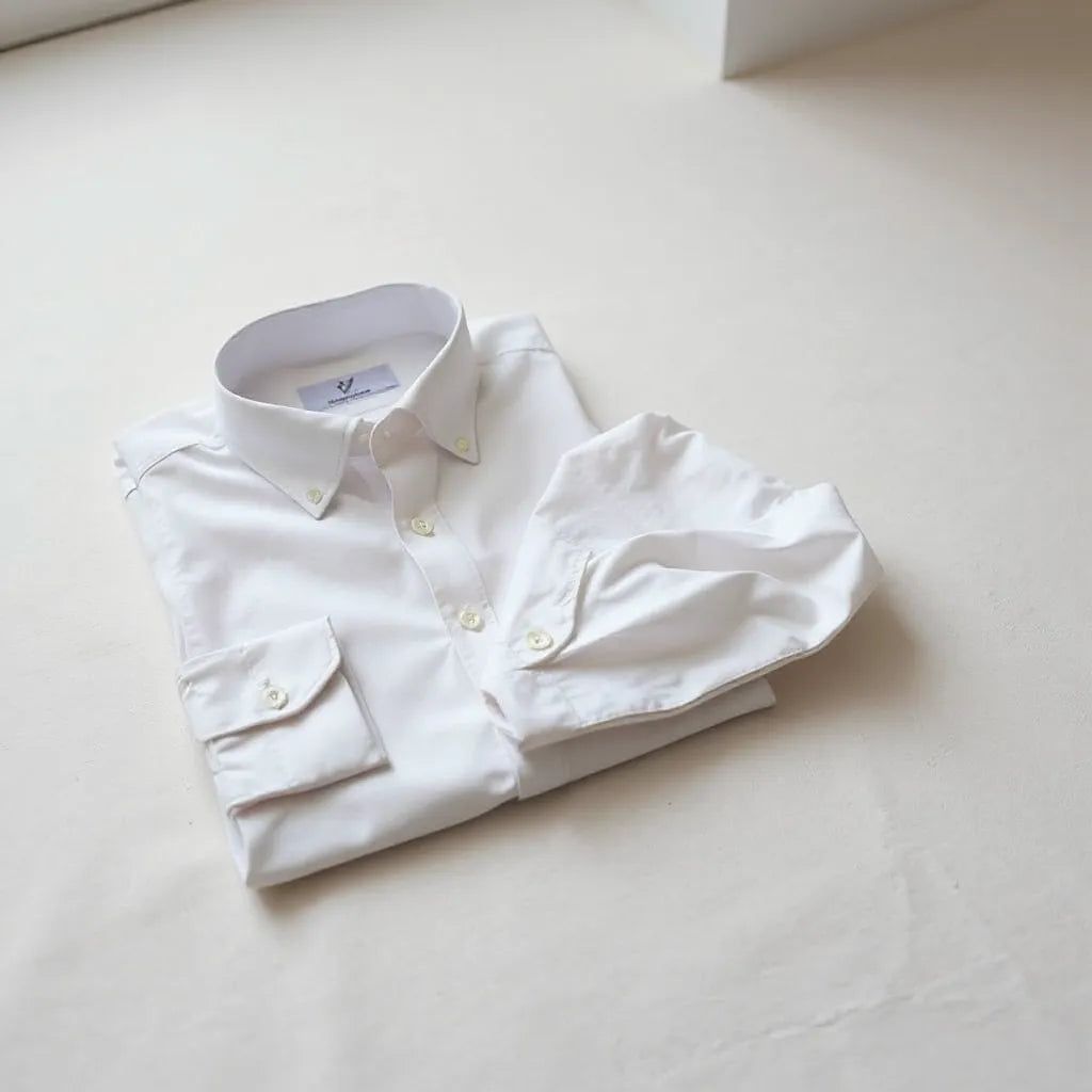Modern fit dress shirts neatly arranged showing collar, cuffs, and sleeve shape