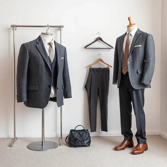 Mannequin wearing a tailored herringbone suit with a white shirt and tie in a minimalist room