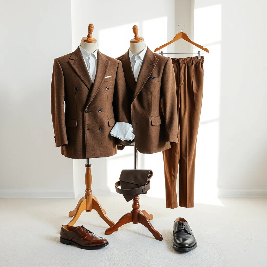 Brown double breasted suit jacket with matching trousers, dress shirt, belt, and oxford shoes in a minimal setting