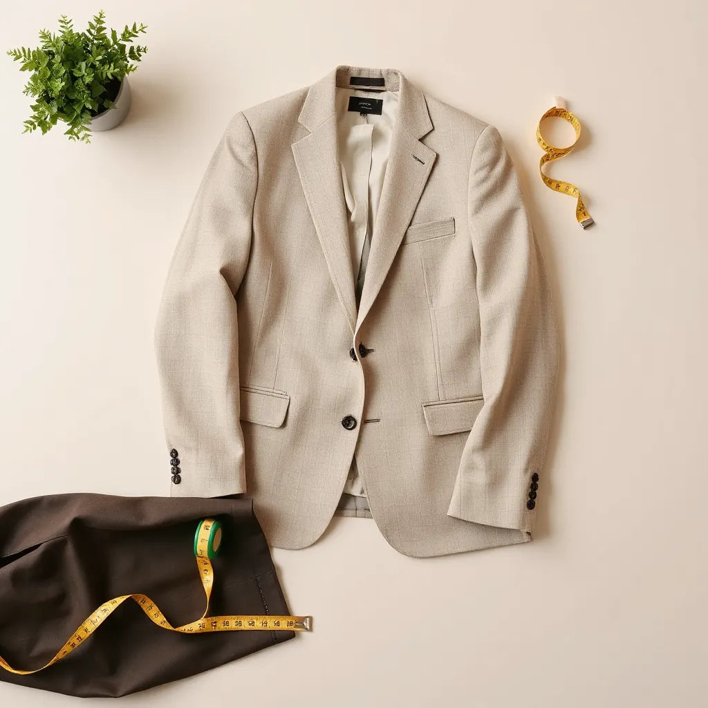 Neatly arranged tailored suit jacket and trousers with a tape measure for fit guidance