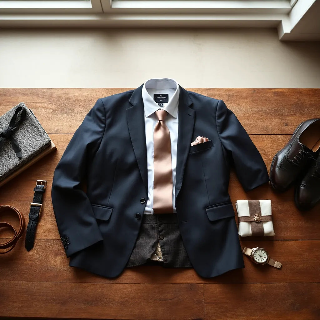 Dark suit and accessories neatly arranged for a formal event-ready look