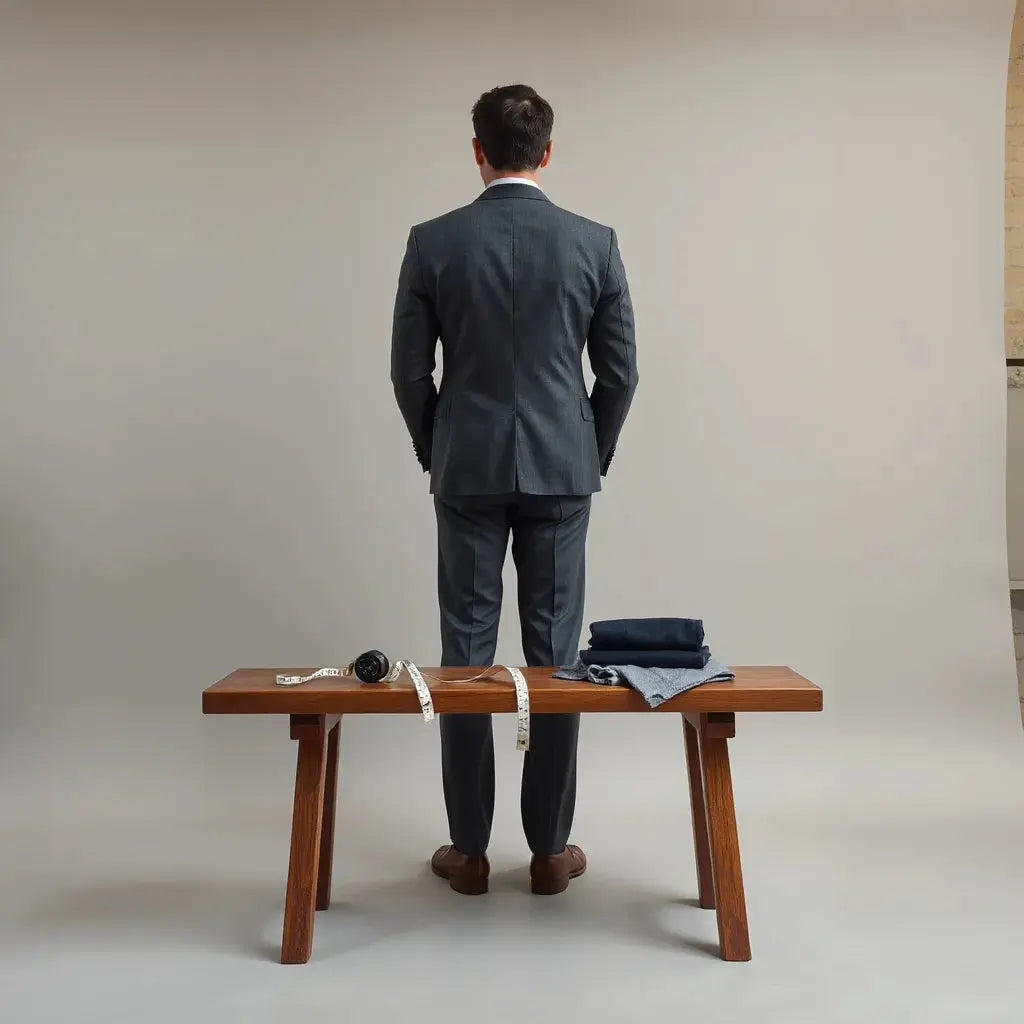A well-fitted tailored suit with measuring tape and fabric swatches on a minimalist bench