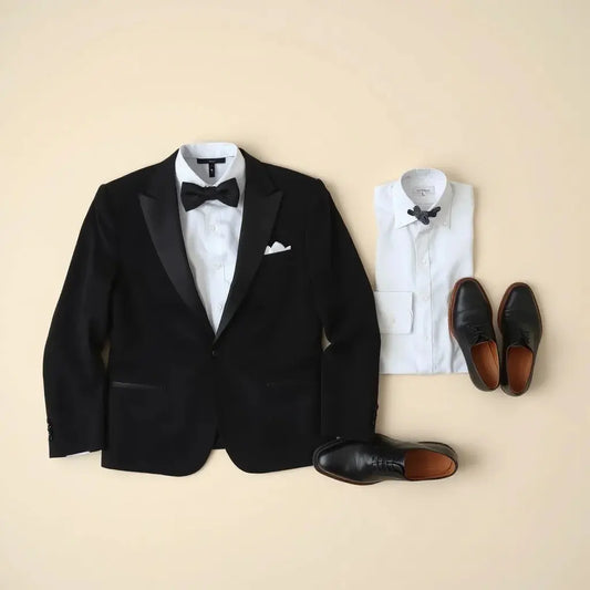 Black tuxedo jacket with bow tie, white dress shirt, pocket square, and polished dress shoes on a clean backdrop