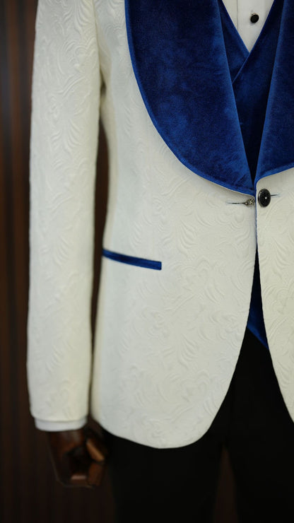 Fiore White Blue Slim Fit Velvet Shawl Lapel Tuxedo