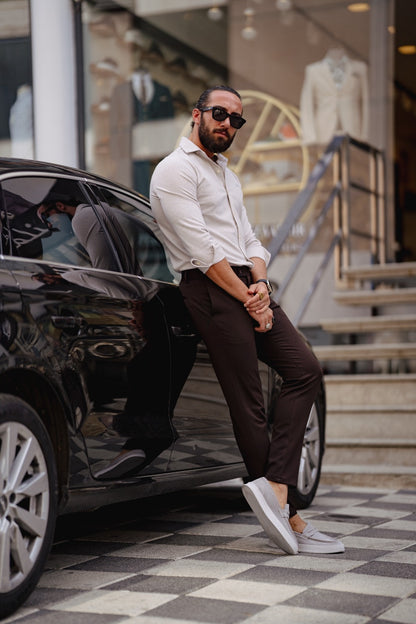 Brabion Ardean Beige Slim Fit Textured Cotton Shirt