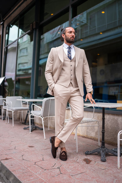 Brabion Perry Beige Slim Fit Peak Lapel 3 Piece Suit