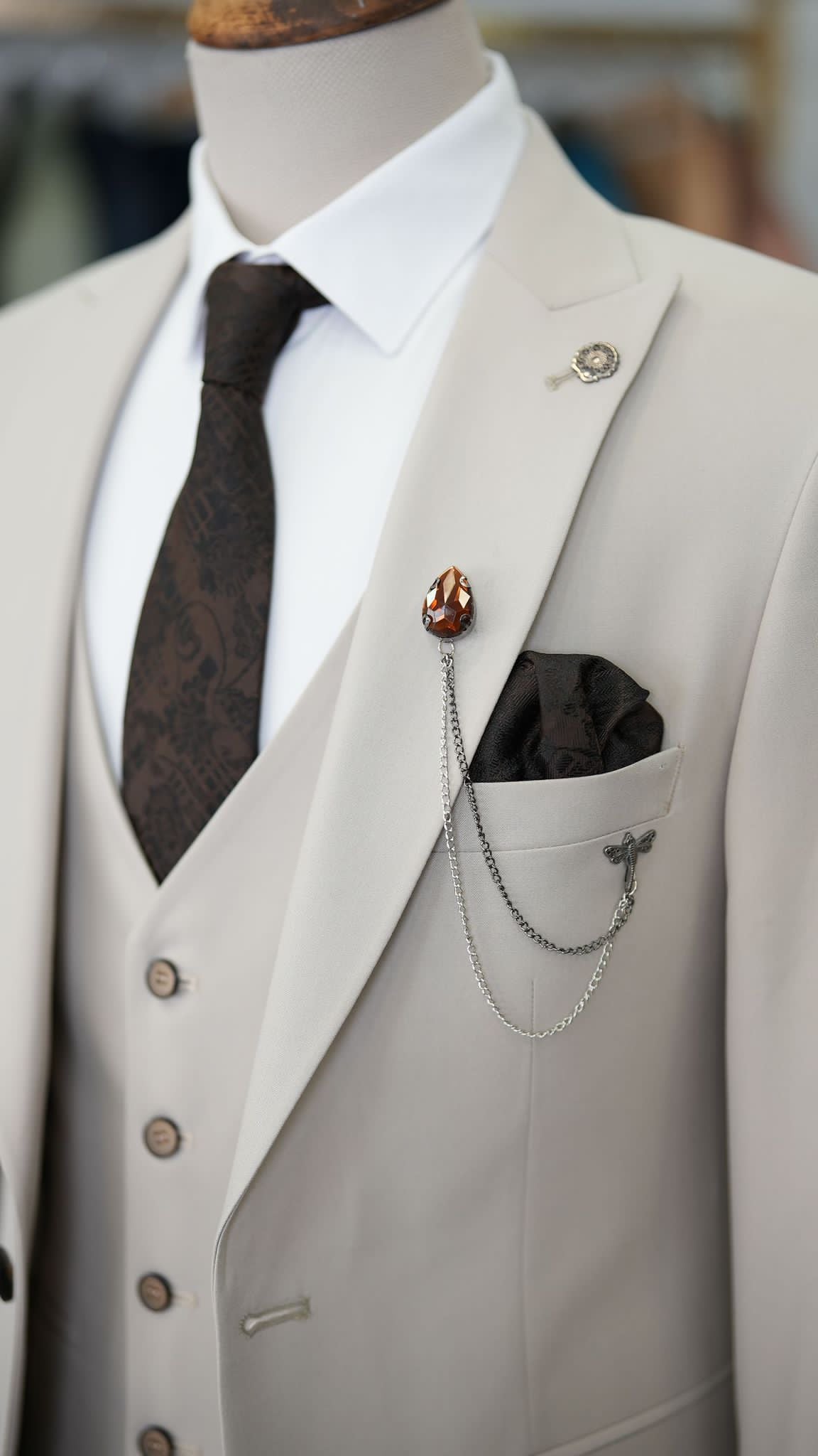 Paul Beige Slim Fit 3 Piece Peak Lapel Suit