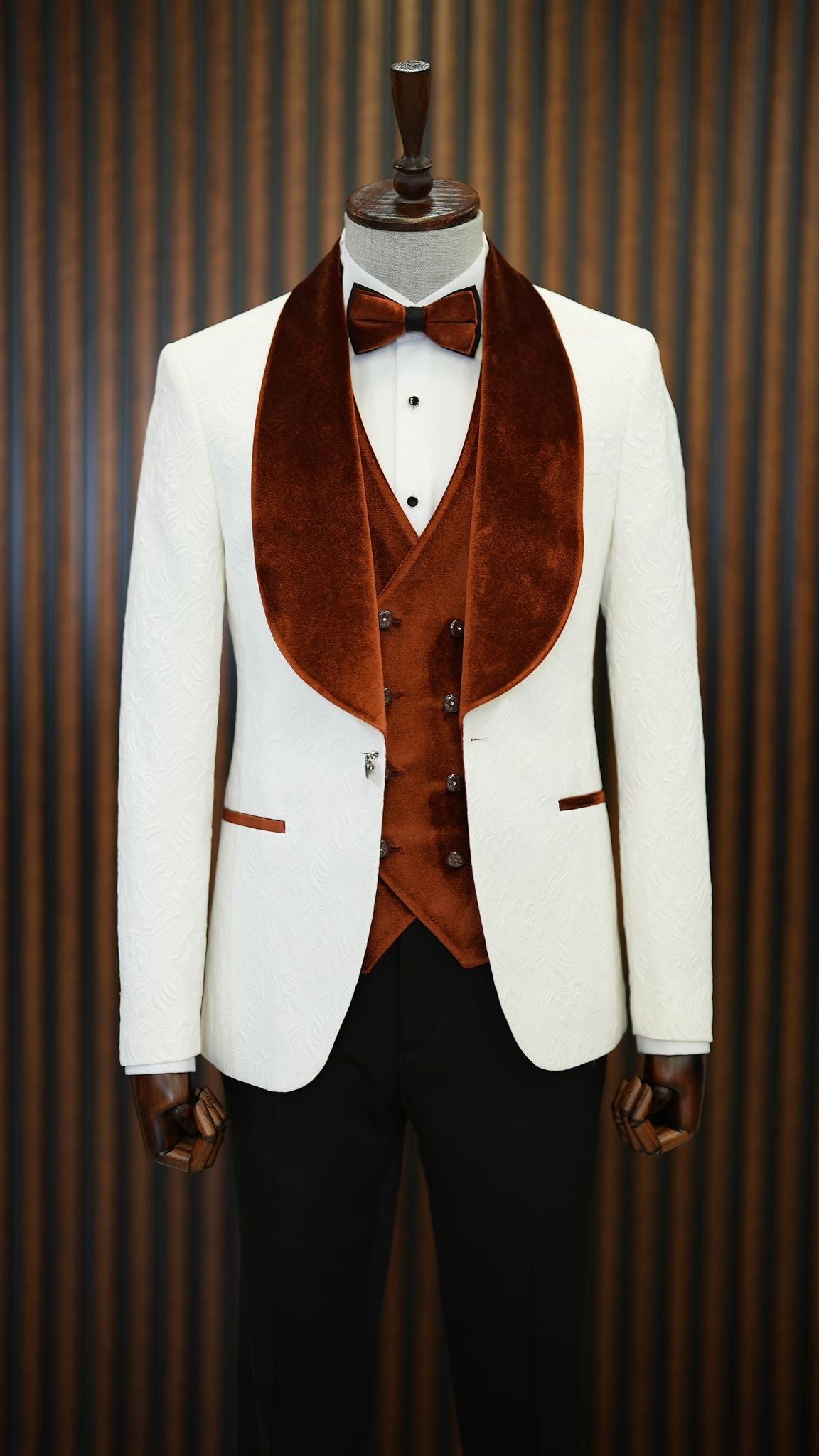 Fiore White Brown Slim Fit Velvet Shawl Lapel Tuxedo