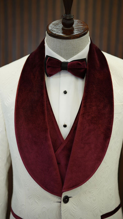 Fiore White Burgundy Slim Fit Velvet Shawl Lapel Tuxedo