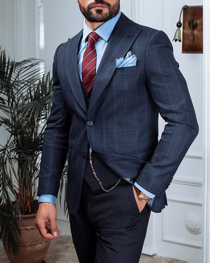 Navy Plaid Slim-Fit Suit 3-Piece VIOSSI