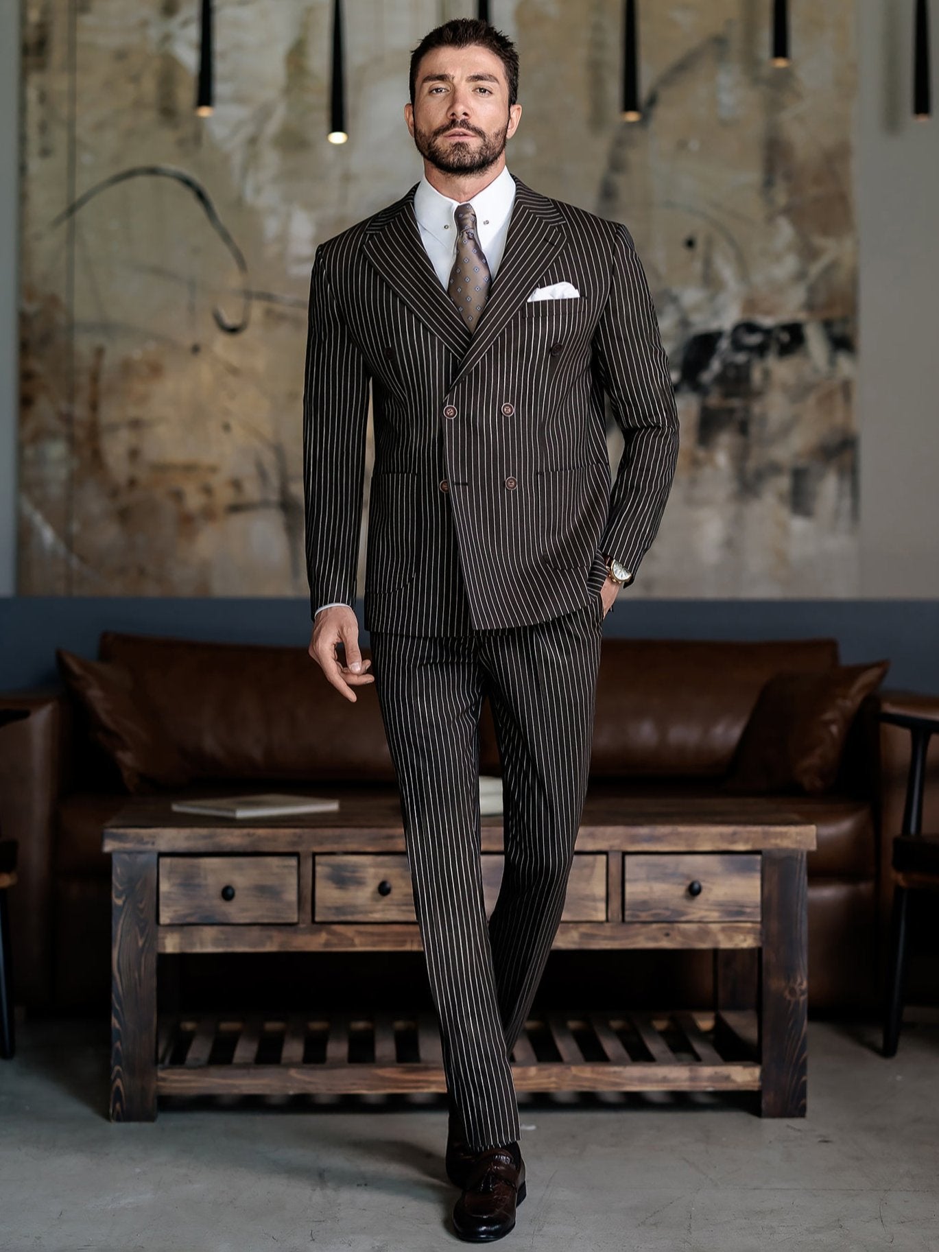 Brown Striped Double Breasted Suit 2-Piece VIOSSI