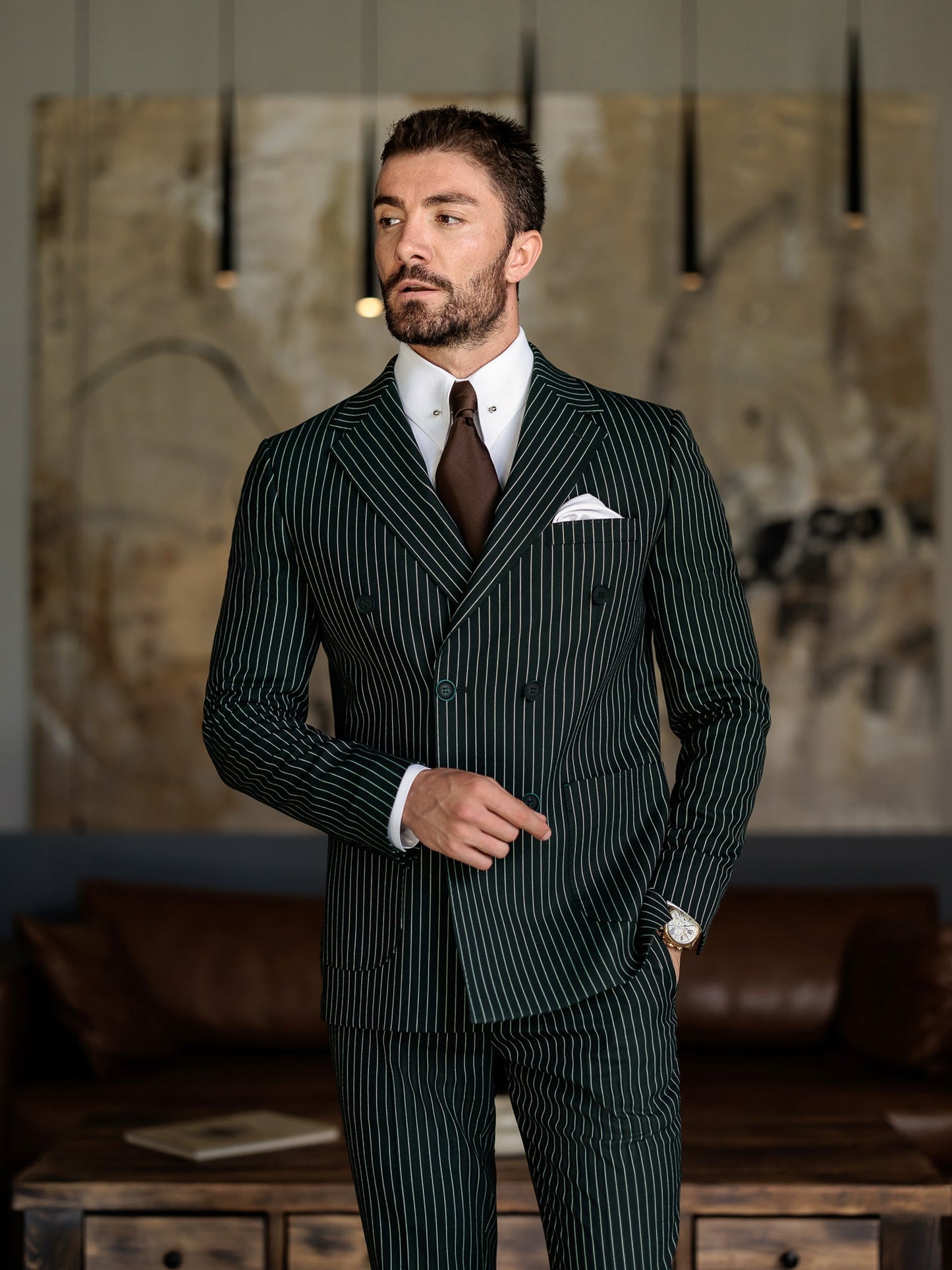 Green Striped Double Breasted Suit 2-Piece VIOSSI