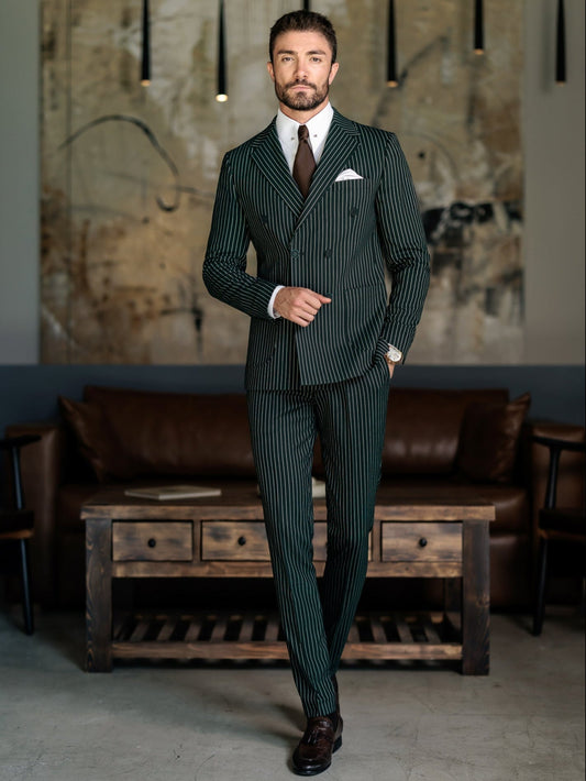 Green Striped Double Breasted Suit 2-Piece VIOSSI
