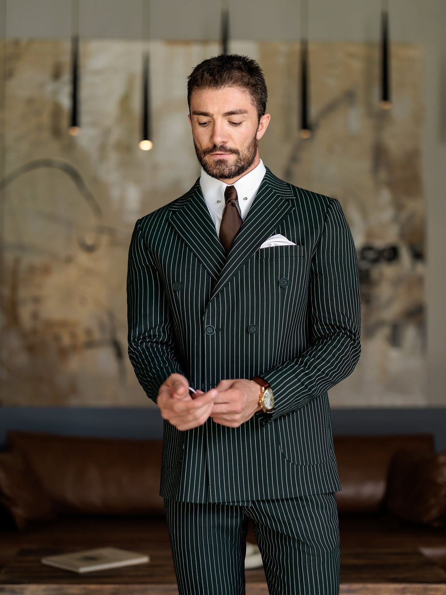Green Striped Double Breasted Suit 2-Piece VIOSSI
