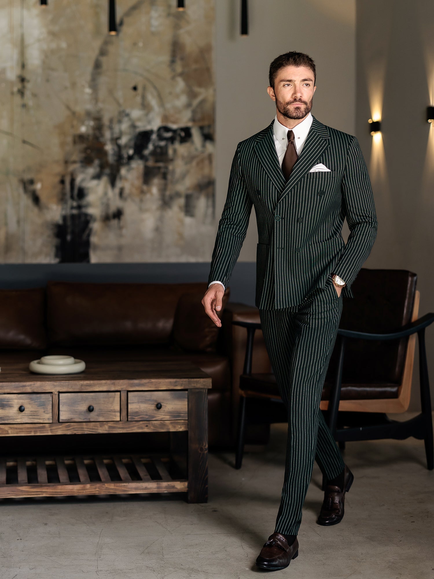 Green Striped Double Breasted Suit 2-Piece VIOSSI