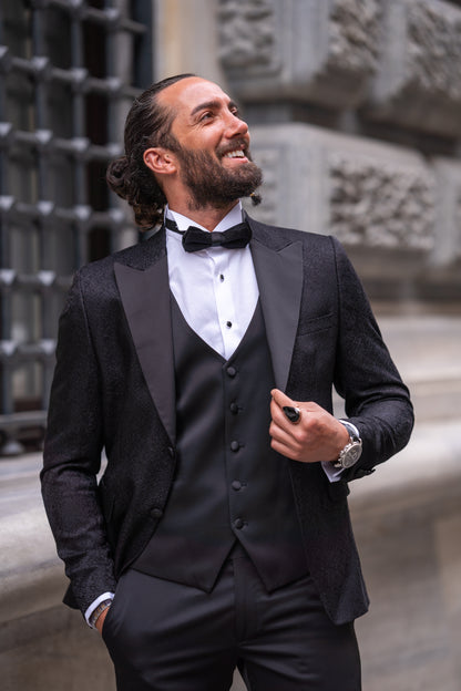 Brabion Massimo Black Slim Fit Peak Lapel Patterned Tuxedo