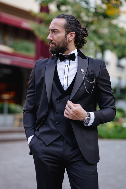 Ardean Black Slim Fit Velvet Peak Lapel Tuxedo