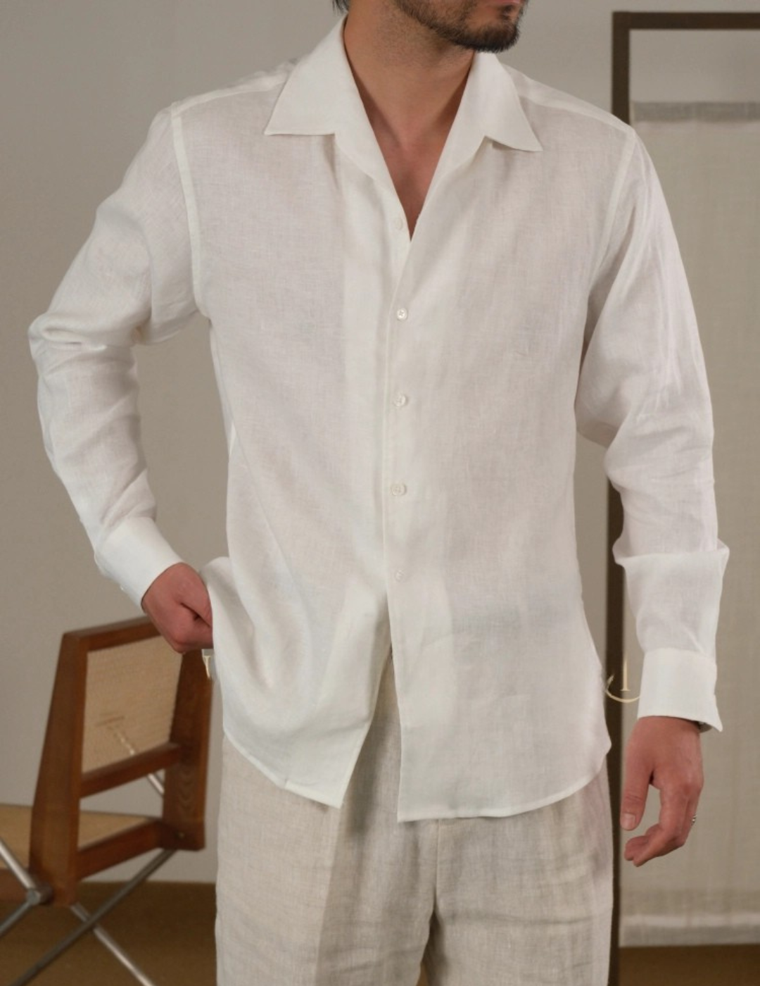 Men's Linen Cuban Collar Long Sleeve Shirt