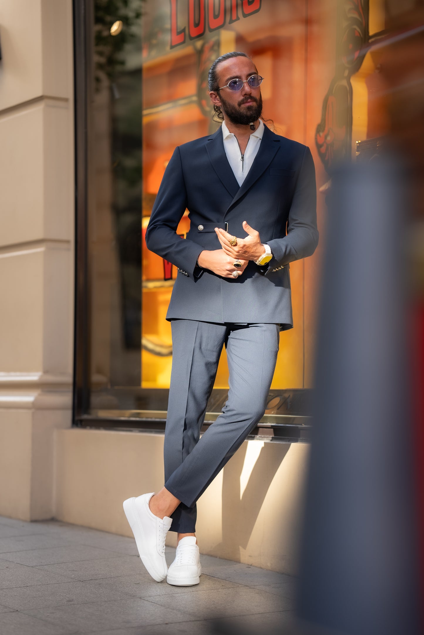 Brabion Alonso Navy Blue Slim Fit Double Breasted Buckle Suit