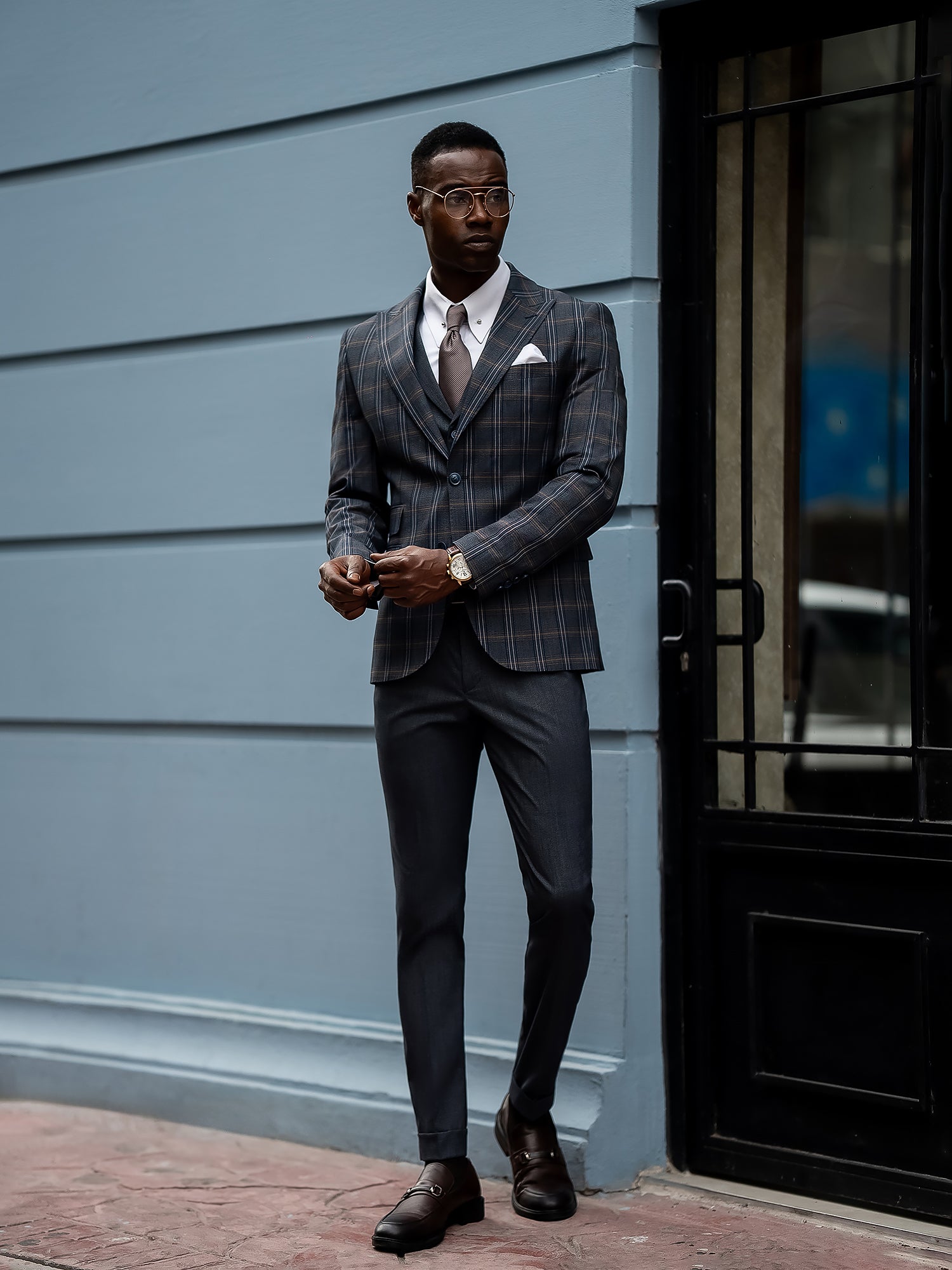 Navy Plaid Slim-Fit Suit 3-Piece VIOSSI