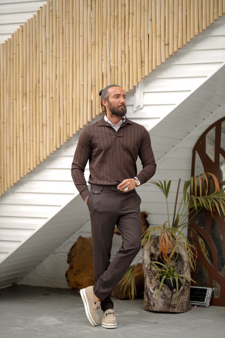 Men's Brown Polo Collar Textured Knit Sweater