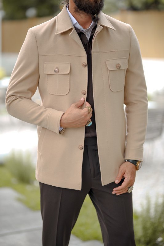 Men’s Beige Short Cashmere Coat with Pocket Detail