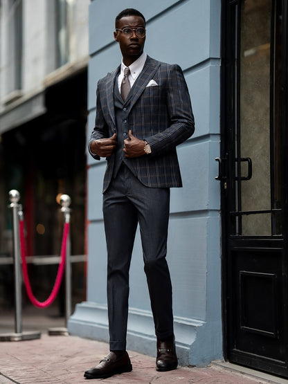 Navy Plaid Slim-Fit Suit 3-Piece VIOSSI