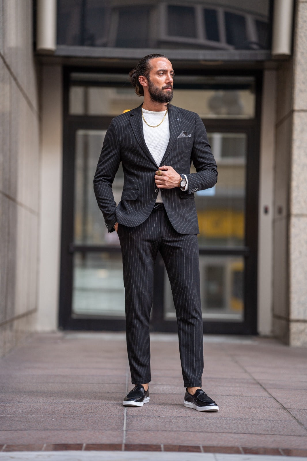 Ardean Black Slim Fit Notch Lapel Pinstripe Suit