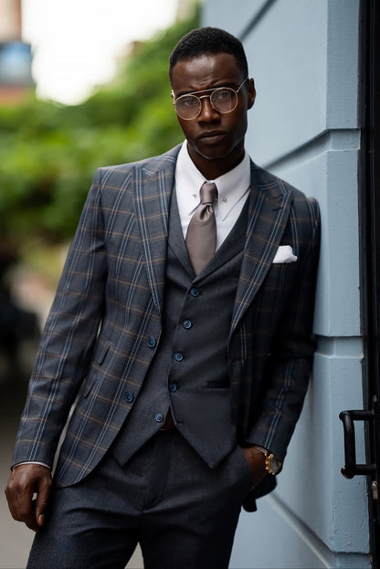 Navy Plaid Slim-Fit Suit 3-Piece VIOSSI