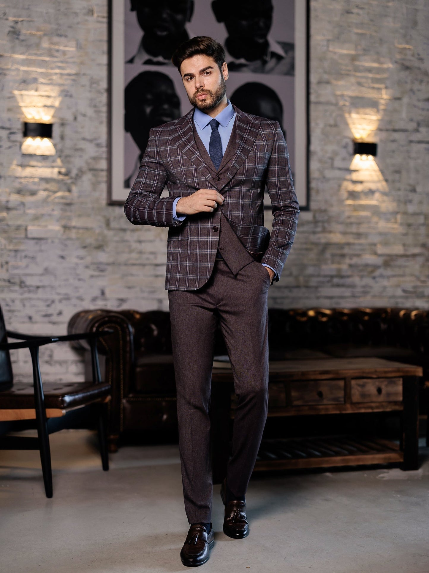 Bordeaux Plaid Slim-Fit Suit 3-Piece VIOSSI