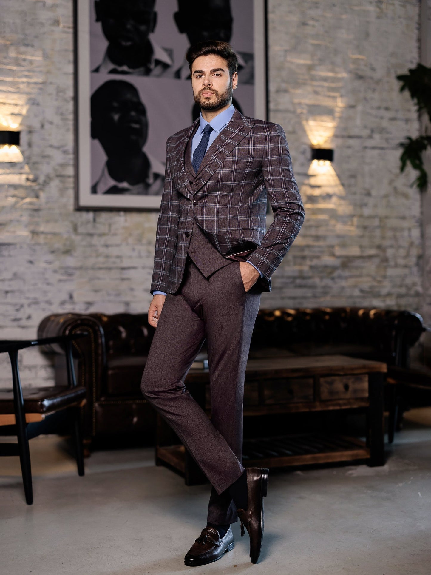 Bordeaux Plaid Slim-Fit Suit 3-Piece VIOSSI
