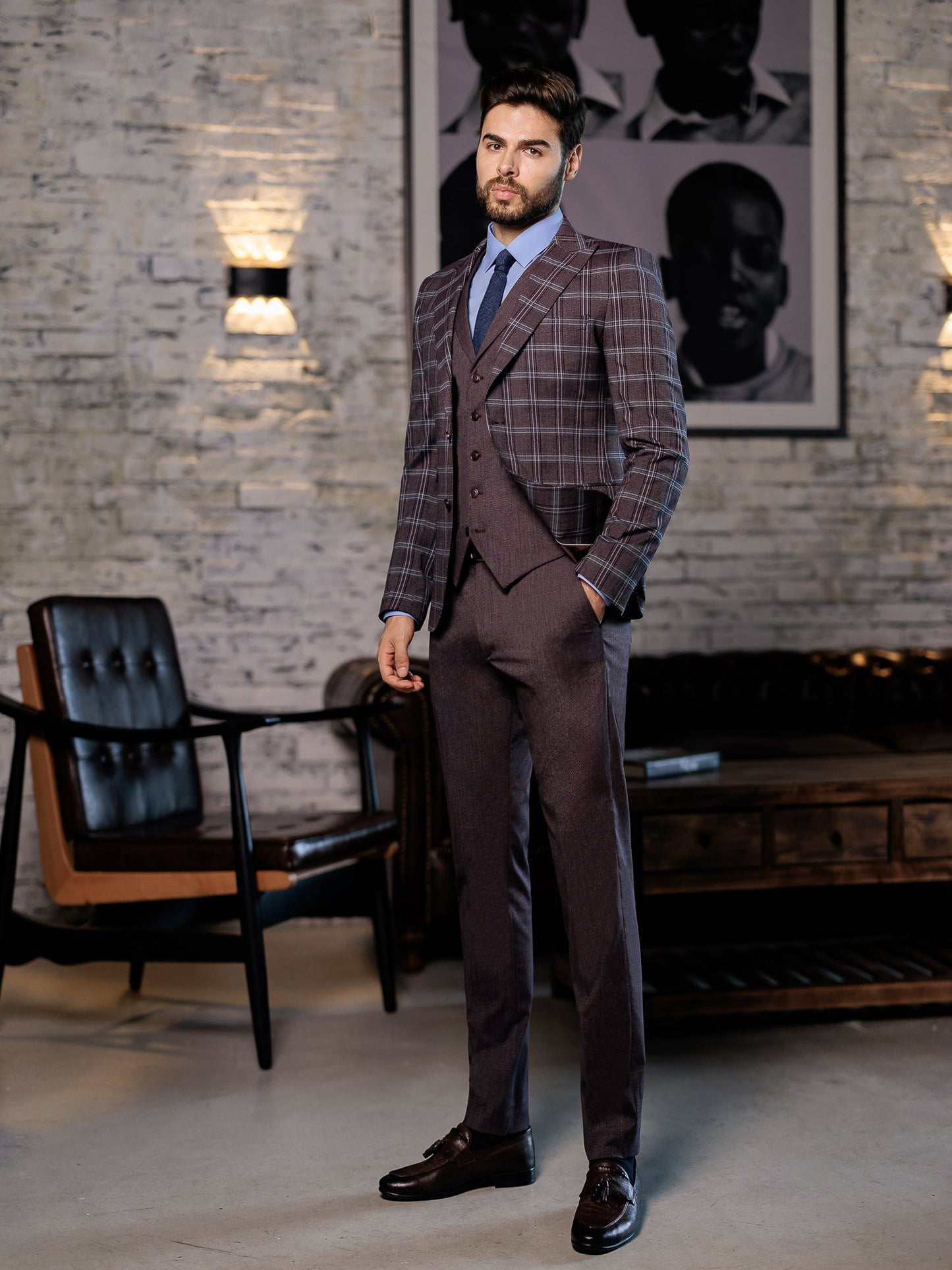 Bordeaux Plaid Slim-Fit Suit 3-Piece VIOSSI