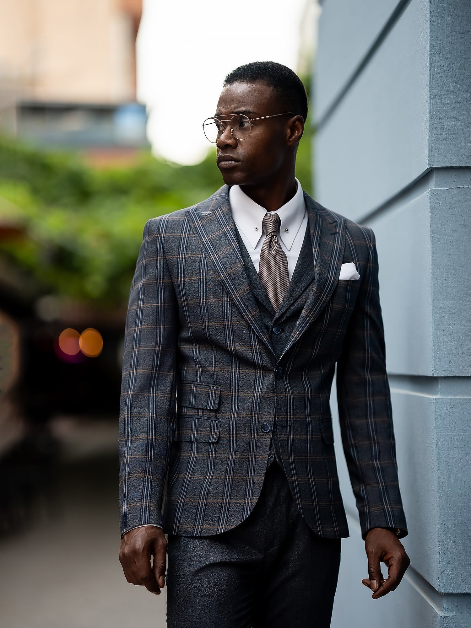 Navy Plaid Slim-Fit Suit 3-Piece VIOSSI