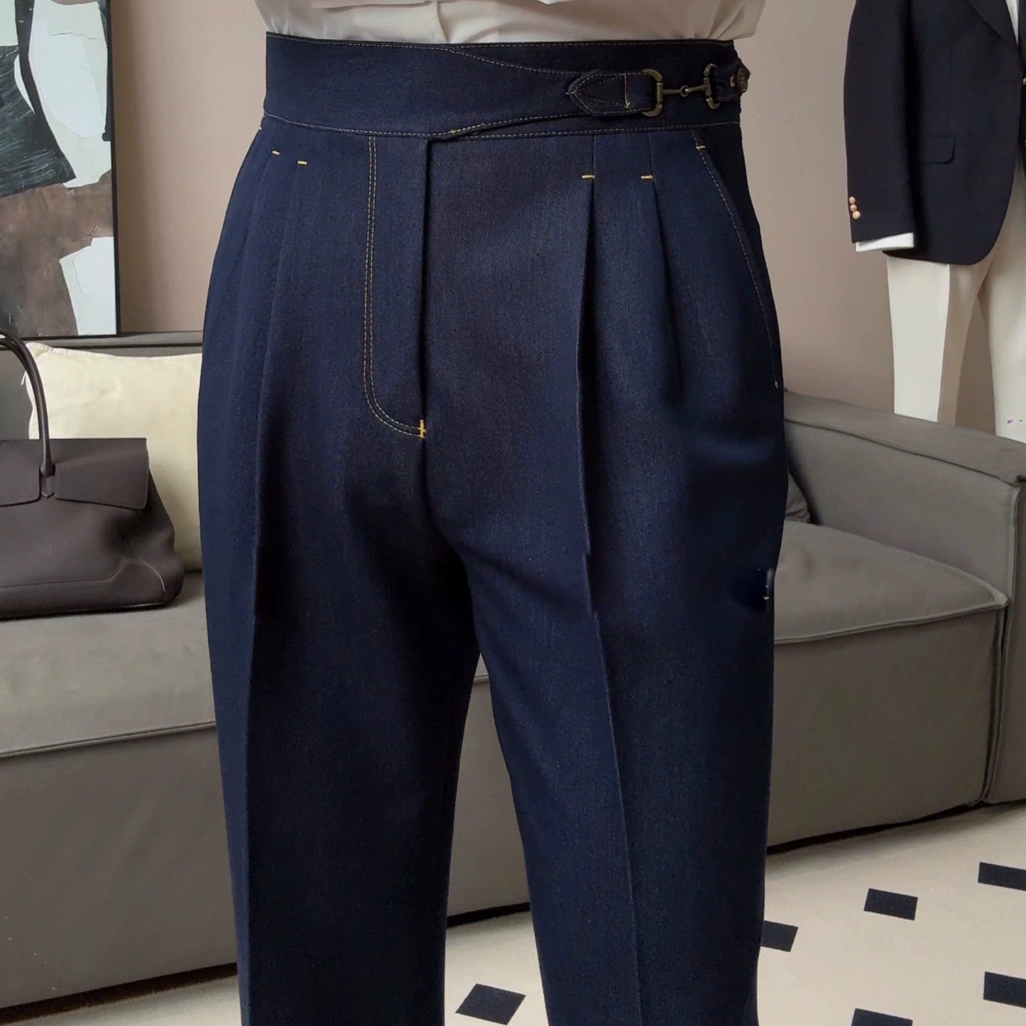 Gurkha Double-Pleat Denim Trousers