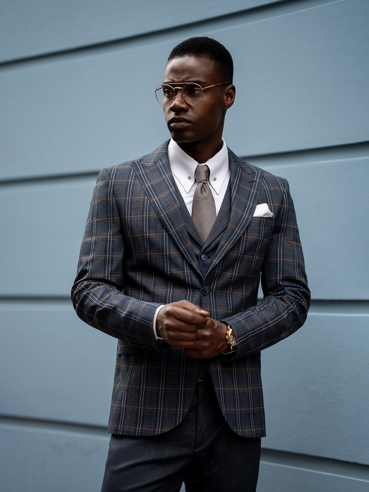 Navy Plaid Slim-Fit Suit 3-Piece VIOSSI