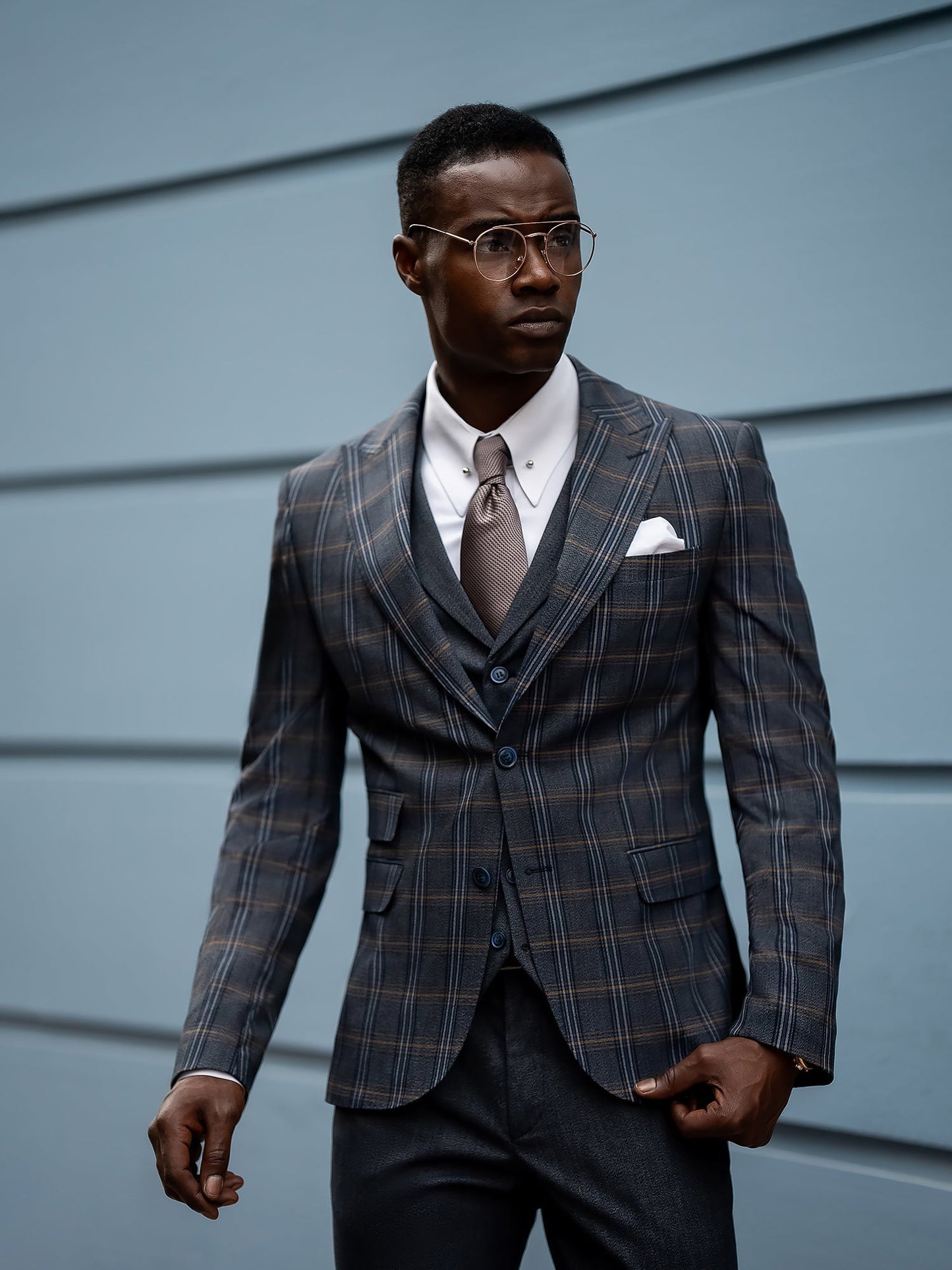 Navy Plaid Slim-Fit Suit 3-Piece VIOSSI