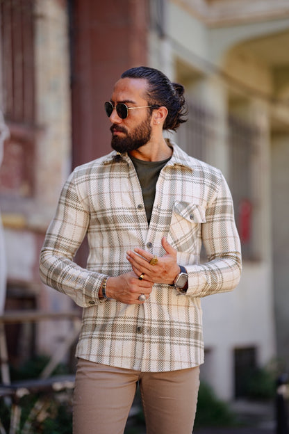 Brabion Paris Beige Green Slim Fit Plaid Shirt