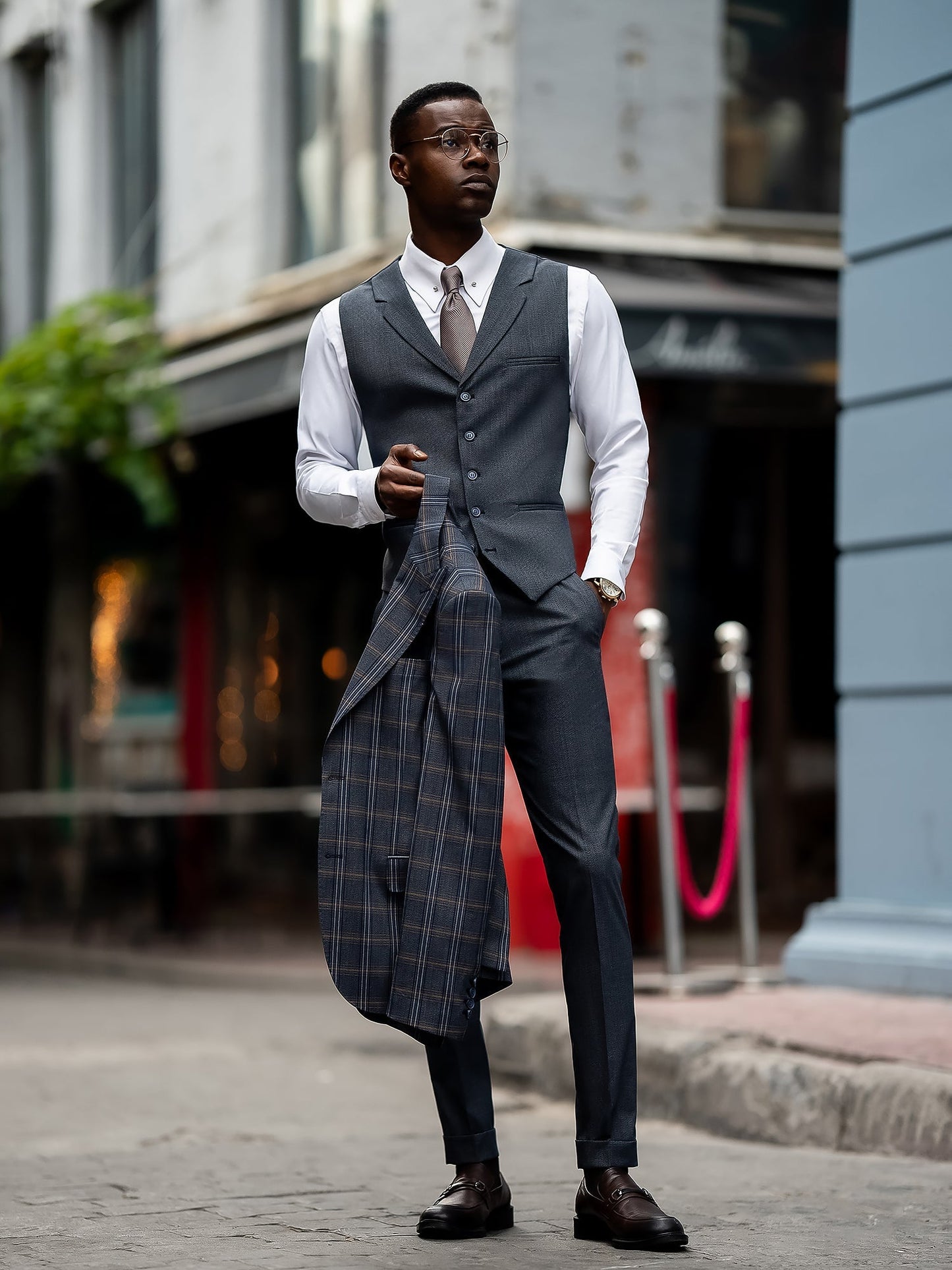 Navy Plaid Slim-Fit Suit 3-Piece VIOSSI