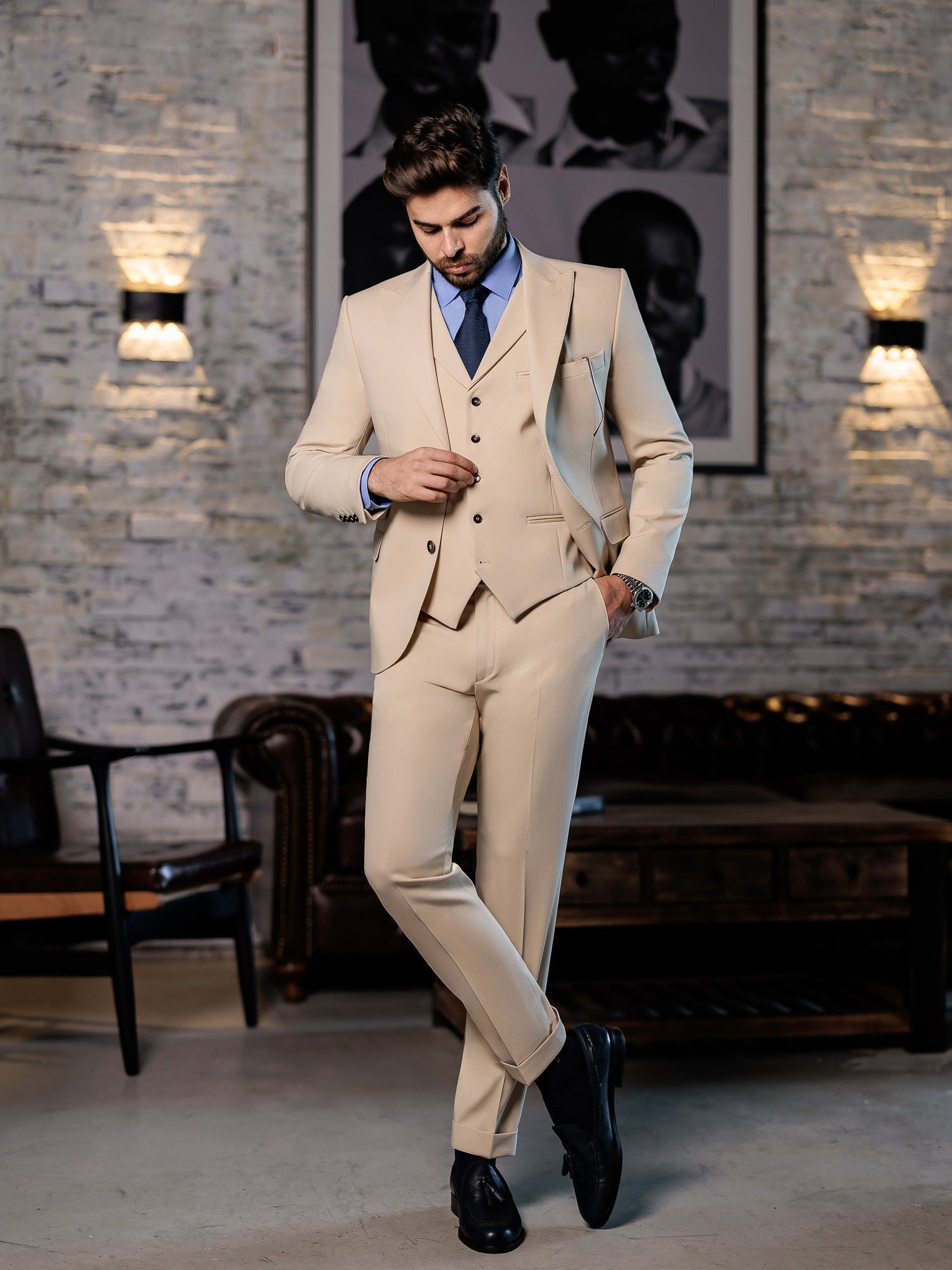 Beige Slim-Fit Suit 3-Piece VIOSSI