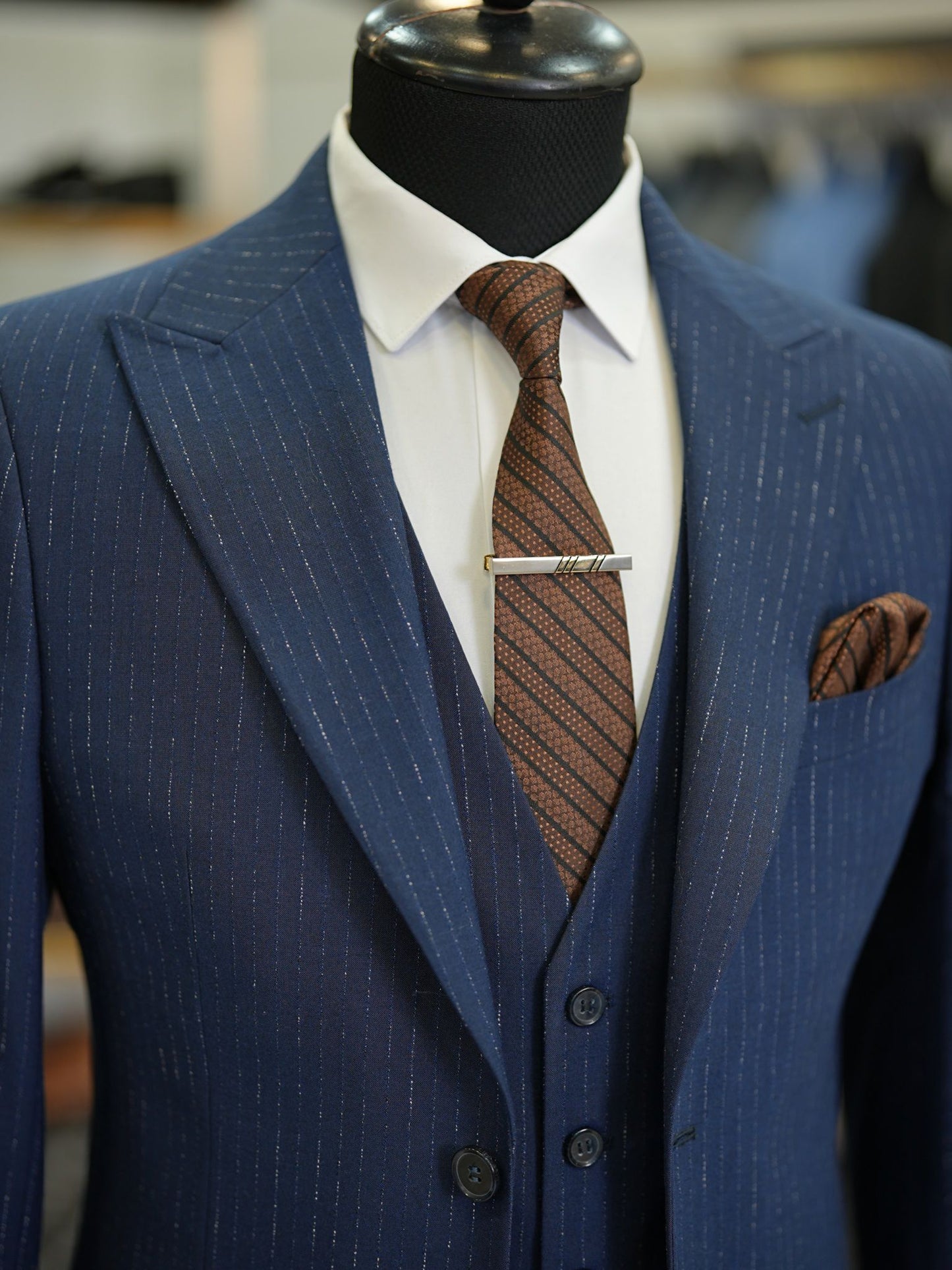 Brabion Maison Navy Blue Slim Fit Striped Suit