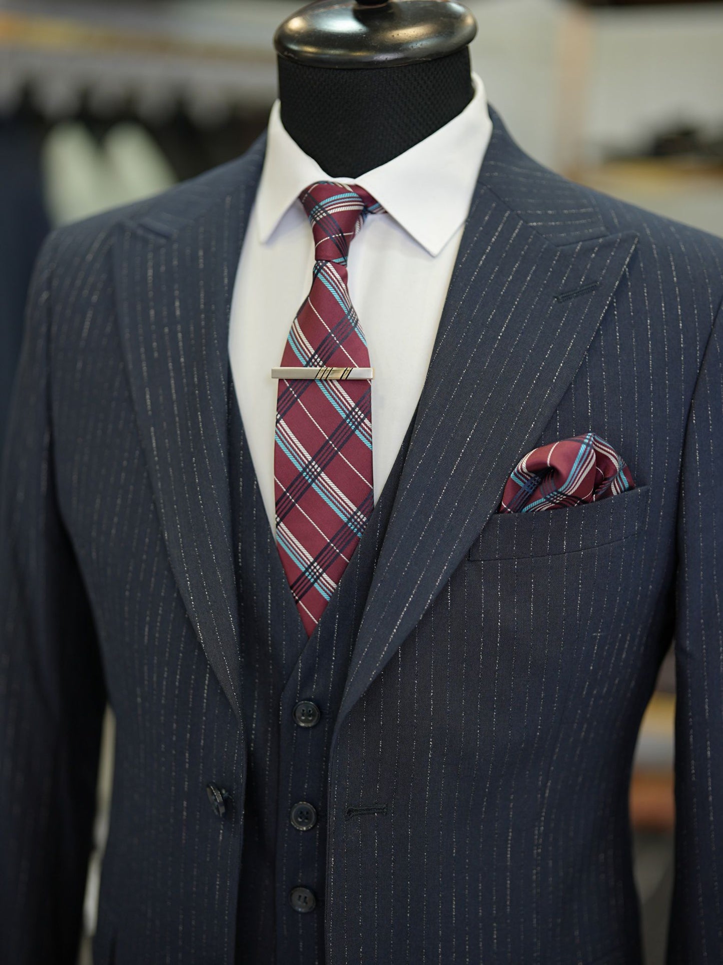 Brabion Maison Dark Blue Slim Fit Striped Suit
