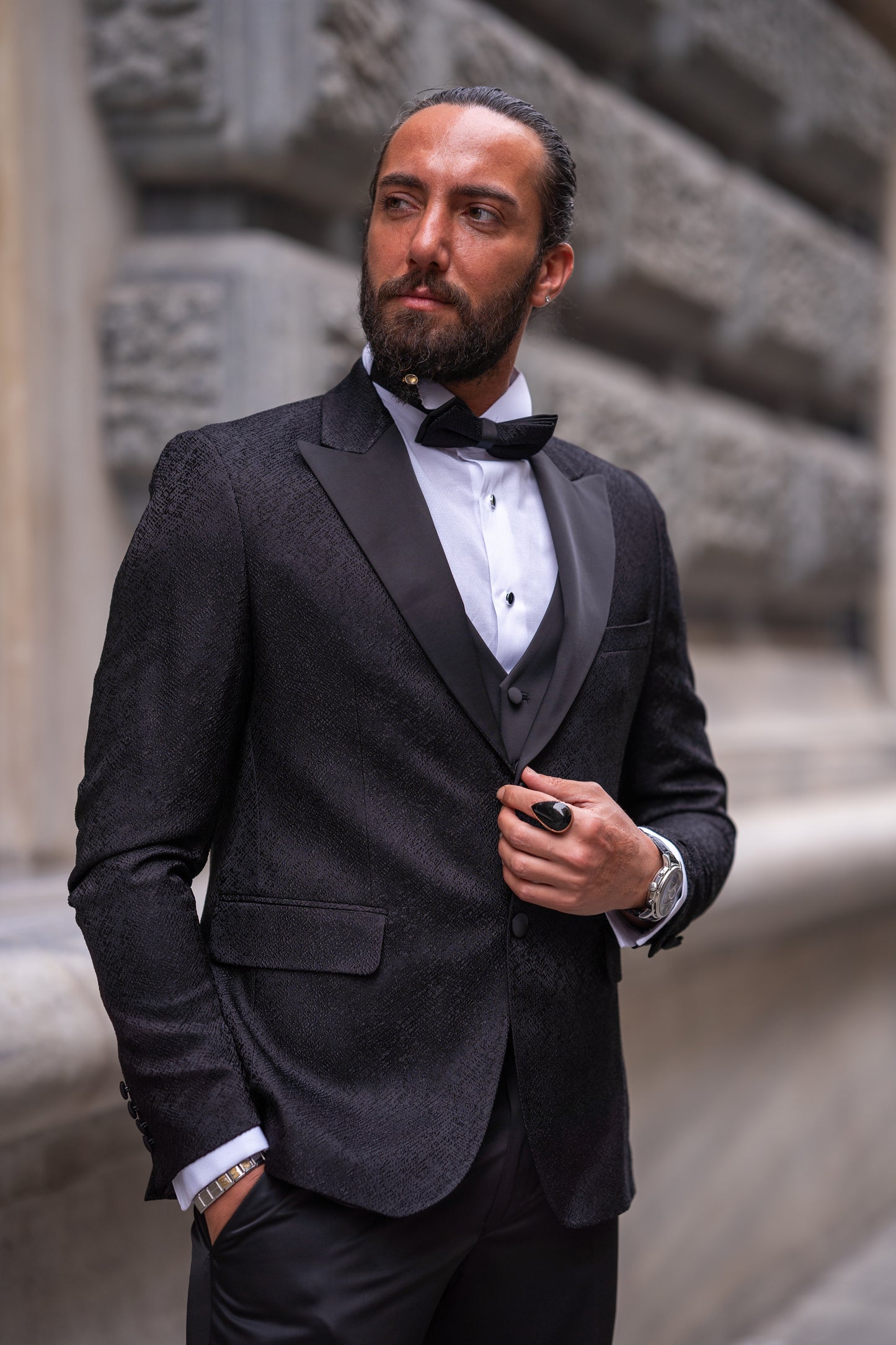 Brabion Massimo Black Slim Fit Peak Lapel Patterned Tuxedo